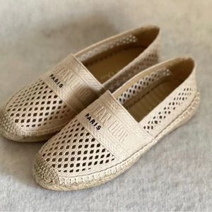 Neutral Beige Woven Espadrille Slip-Ons with 'Paris' Detail